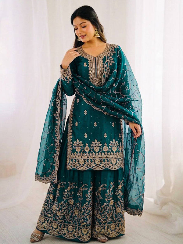 Teal Blue Gmy Silk Embroidery Sequence Work Top Palazzo With Dupatta