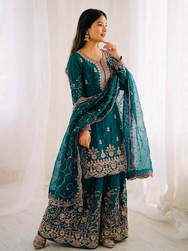 Teal Blue Gmy Silk Embroidery Sequence Work Top Palazzo With Dupatta