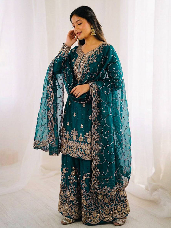 Teal Blue Gmy Silk Embroidery Sequence Work Top Palazzo With Dupatta