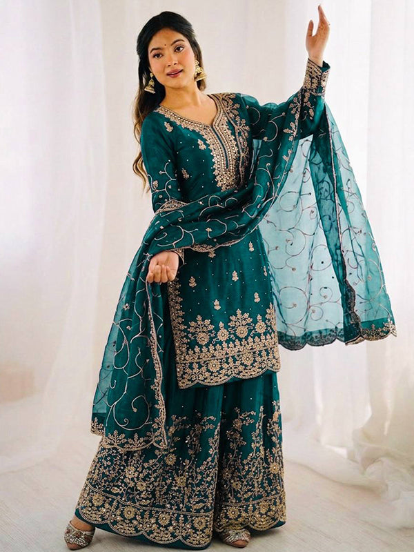 Teal Blue Gmy Silk Embroidery Sequence Work Top Palazzo With Dupatta