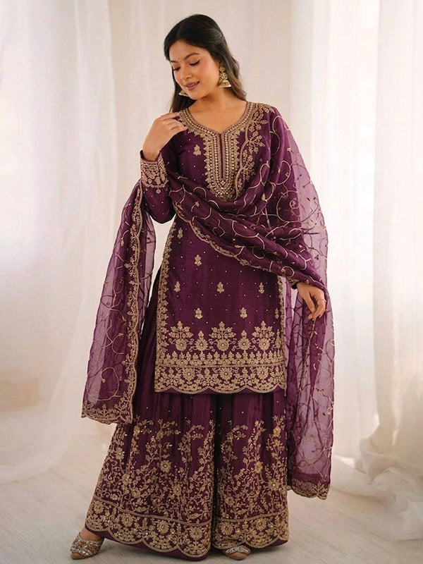 Wine Gmy Silk Embroidery Sequence Work Top Palazzo With Dupatta