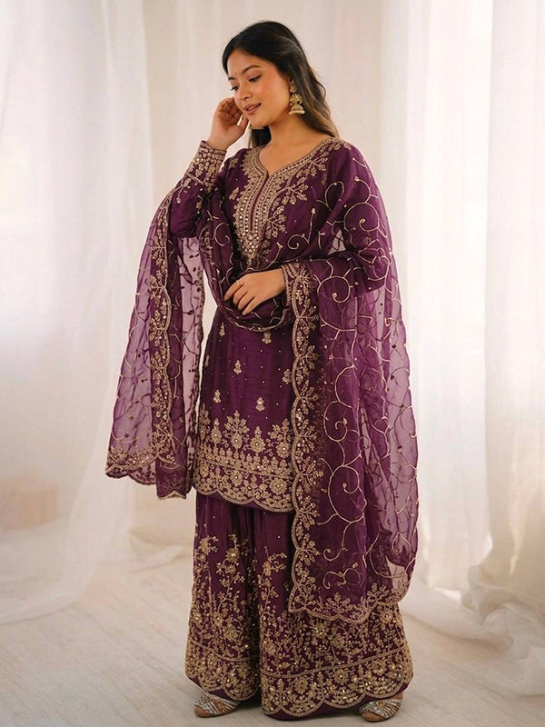 Wine Gmy Silk Embroidery Sequence Work Top Palazzo With Dupatta