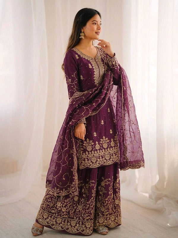 Wine Gmy Silk Embroidery Sequence Work Top Palazzo With Dupatta
