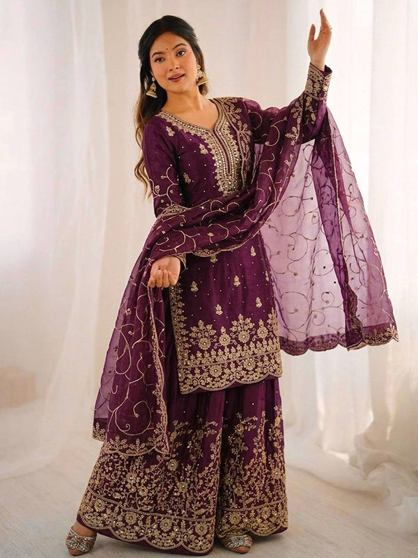 Wine Gmy Silk Embroidery Sequence Work Top Palazzo With Dupatta