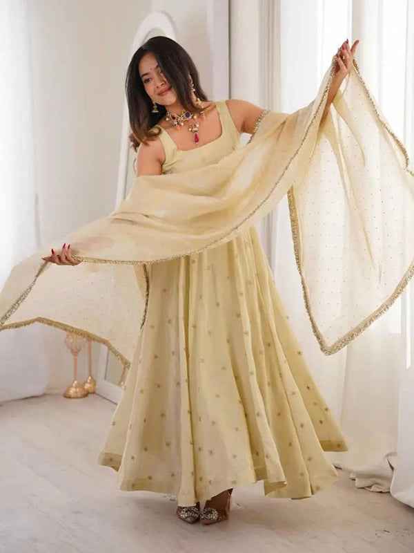 Ivory Embroidery Sequins Work Cosmos Gold Anarkali Gown With Dupatta