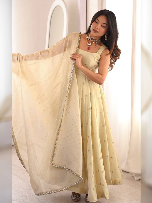 Ivory Embroidery Sequins Work Cosmos Gold Anarkali Gown With Dupatta