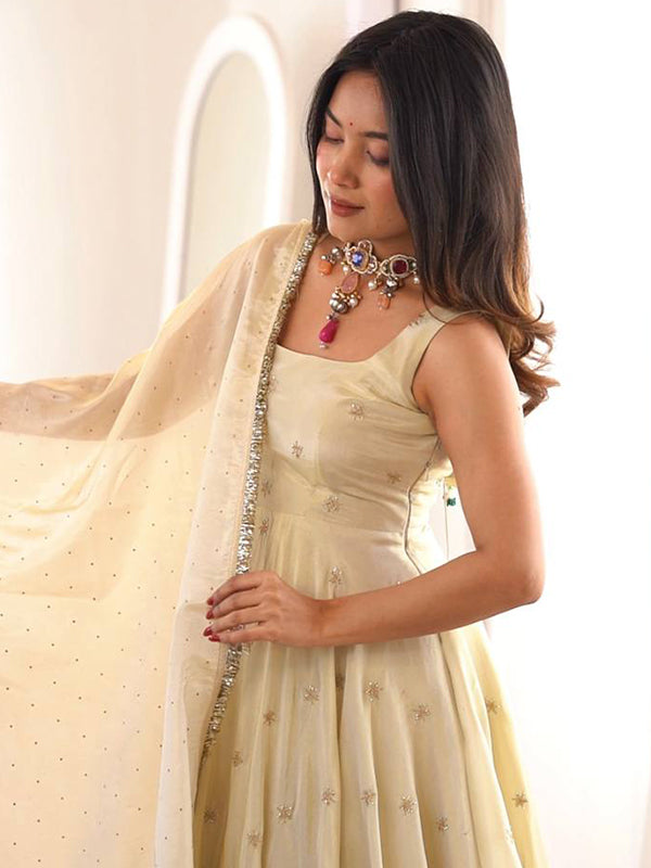 Ivory Embroidery Sequins Work Cosmos Gold Anarkali Gown With Dupatta