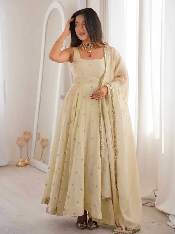 Ivory Embroidery Sequins Work Cosmos Gold Anarkali Gown With Dupatta