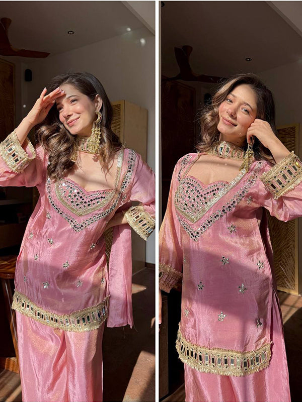 Blush Pink Real Mirror Work Fendy Silk Four Piece Bustier Set