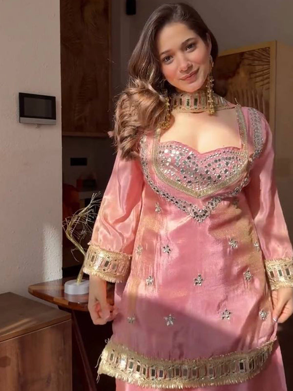 Blush Pink Real Mirror Work Fendy Silk Four Piece Bustier Set