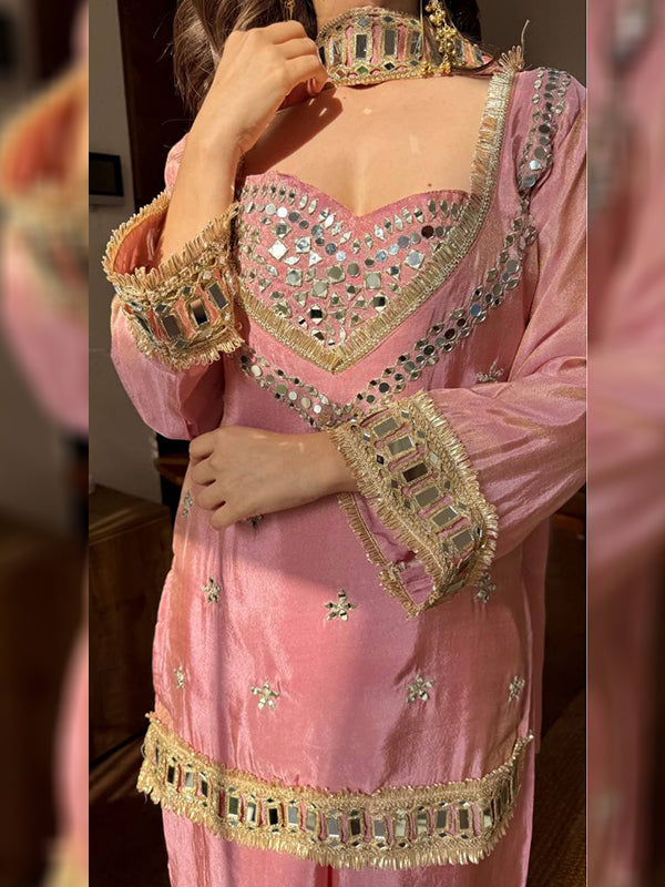 Blush Pink Real Mirror Work Fendy Silk Four Piece Bustier Set