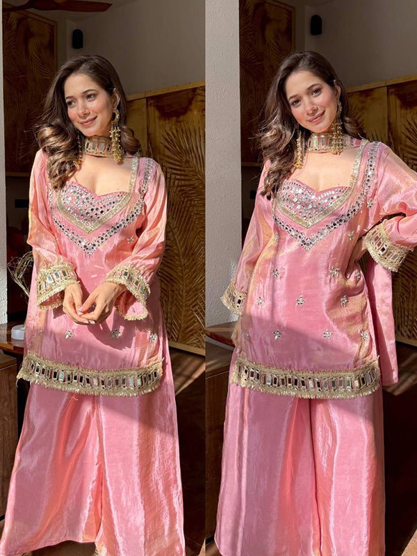 Blush Pink Real Mirror Work Fendy Silk Four Piece Bustier Set