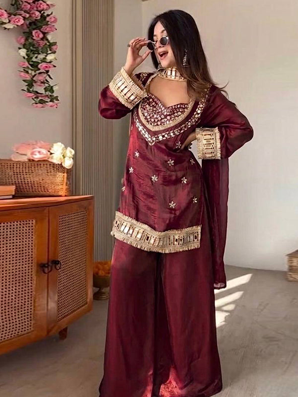Maroon Real Mirror Work Fendy Silk Four Piece Bustier Set