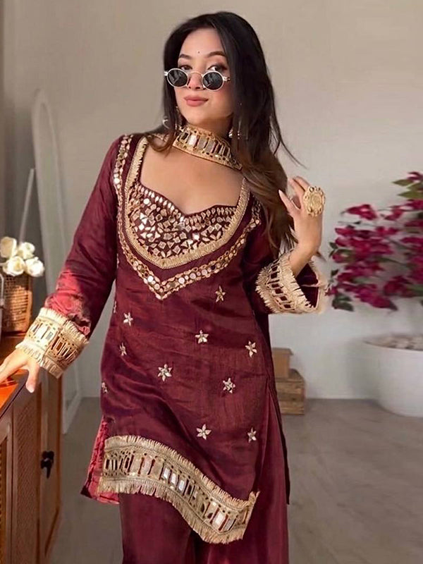 Maroon Real Mirror Work Fendy Silk Four Piece Bustier Set