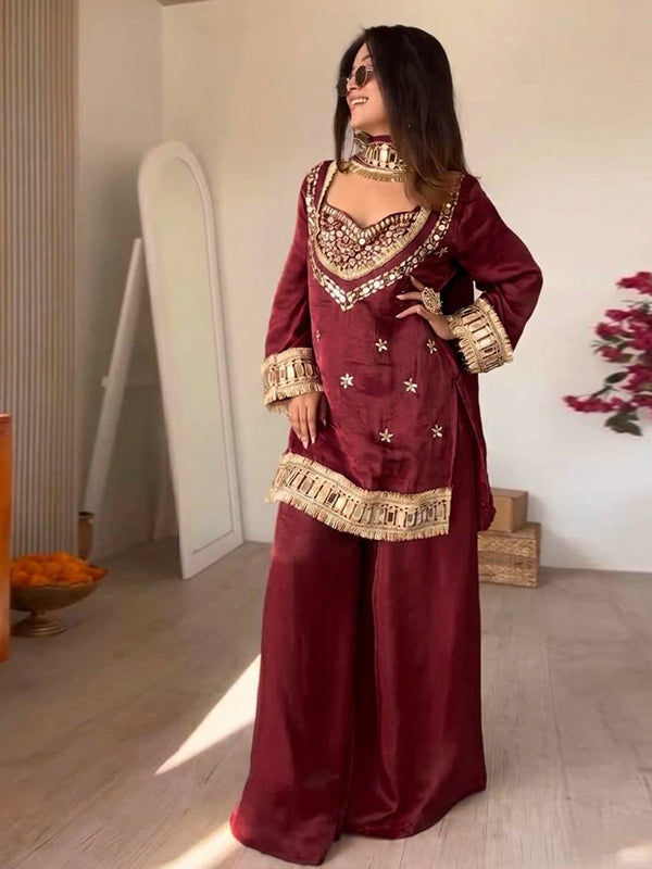Maroon Real Mirror Work Fendy Silk Four Piece Bustier Set