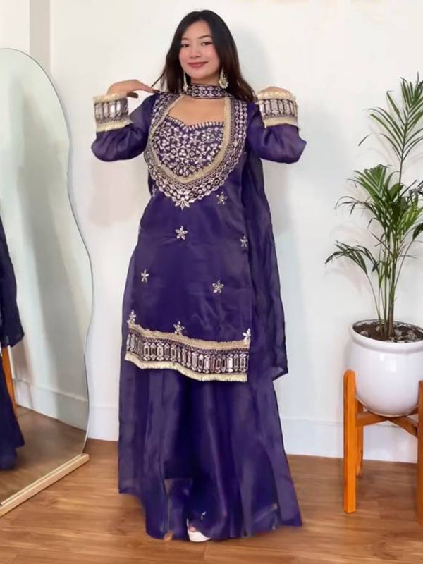Purple Real Mirror Work Fendy Silk Four Piece Bustier Set
