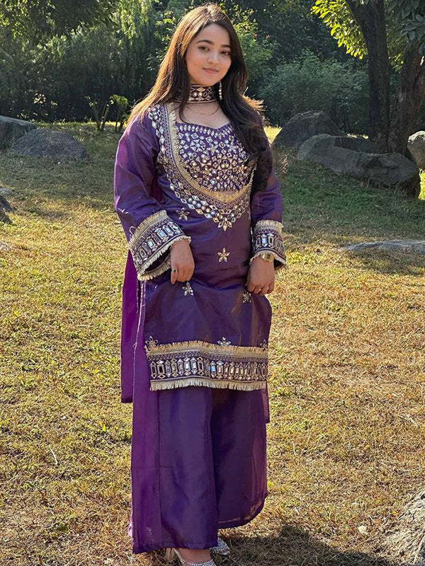 Purple Real Mirror Work Fendy Silk Four Piece Bustier Set