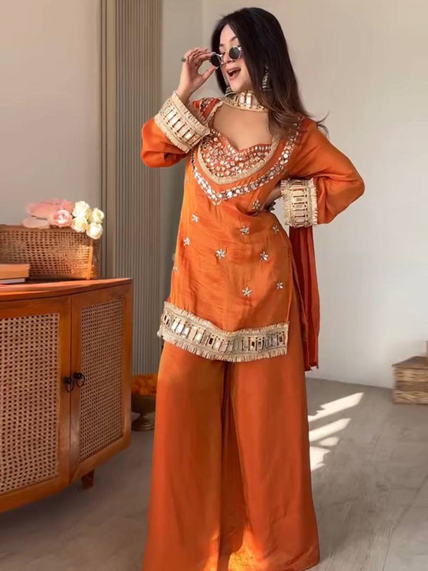 Rust Orange Real Mirror Work Fendy Silk Four Piece Bustier Set