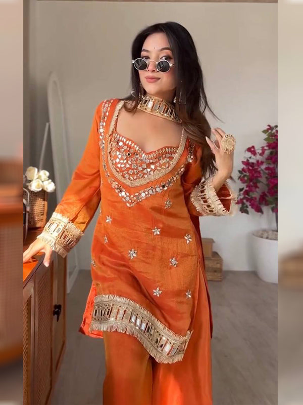 Rust Orange Real Mirror Work Fendy Silk Four Piece Bustier Set