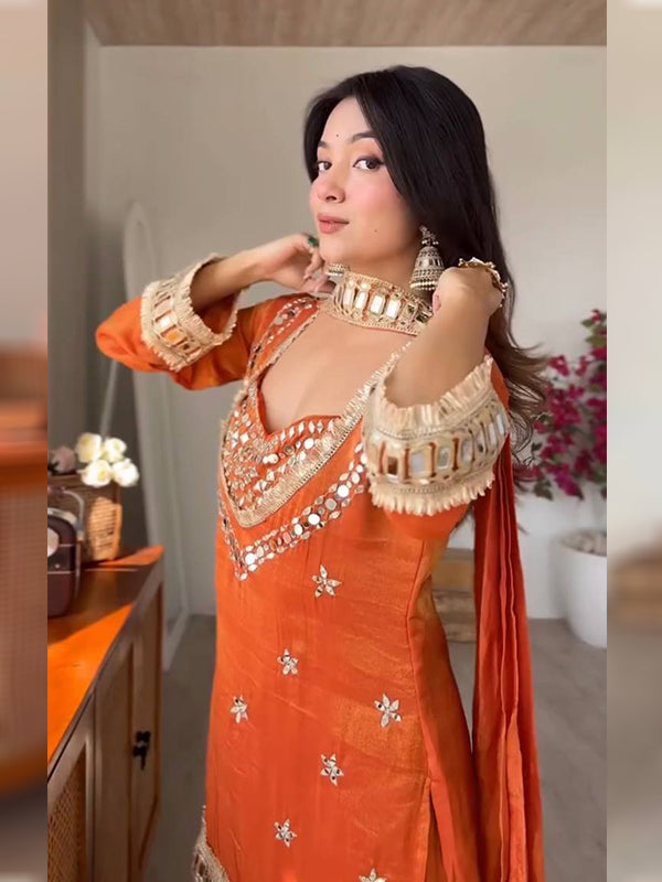 Rust Orange Real Mirror Work Fendy Silk Four Piece Bustier Set