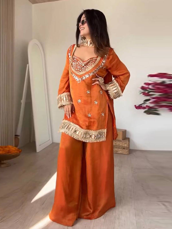 Rust Orange Real Mirror Work Fendy Silk Four Piece Bustier Set