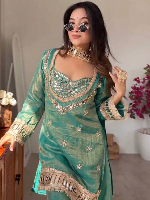 Sky Blue Real Mirror Work Fendy Silk Four Piece Bustier Set