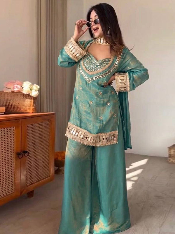 Sky Blue Real Mirror Work Fendy Silk Four Piece Bustier Set
