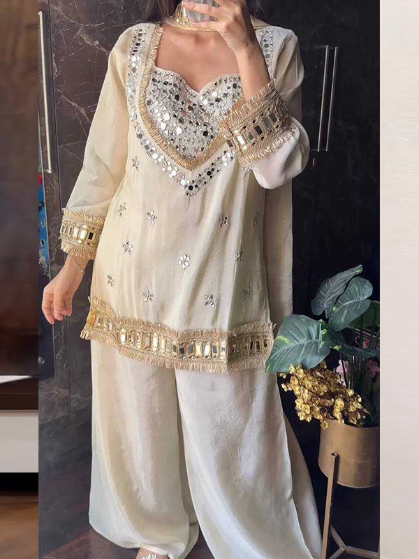 White Real Mirror Work Fendy Silk Four Piece Bustier Set