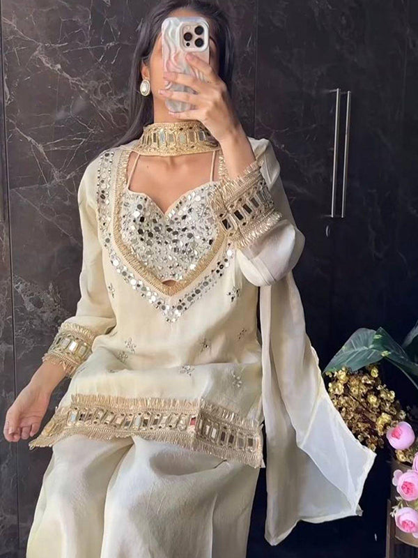 White Real Mirror Work Fendy Silk Four Piece Bustier Set