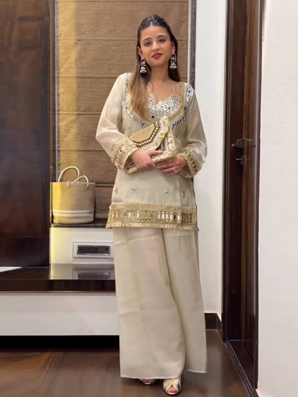 White Real Mirror Work Fendy Silk Four Piece Bustier Set