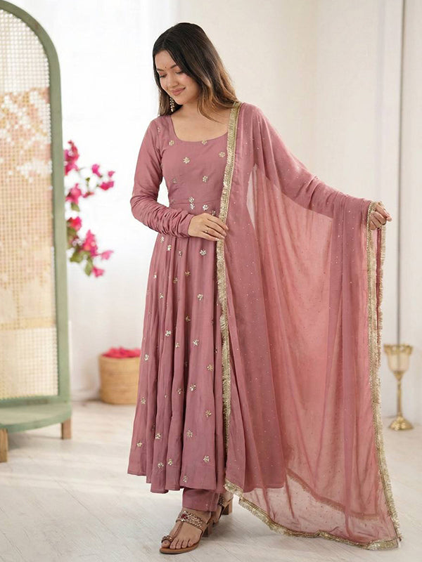 Dusty Rose Embroidery Work Roman Silk Anarkali Gown With Dupatta
