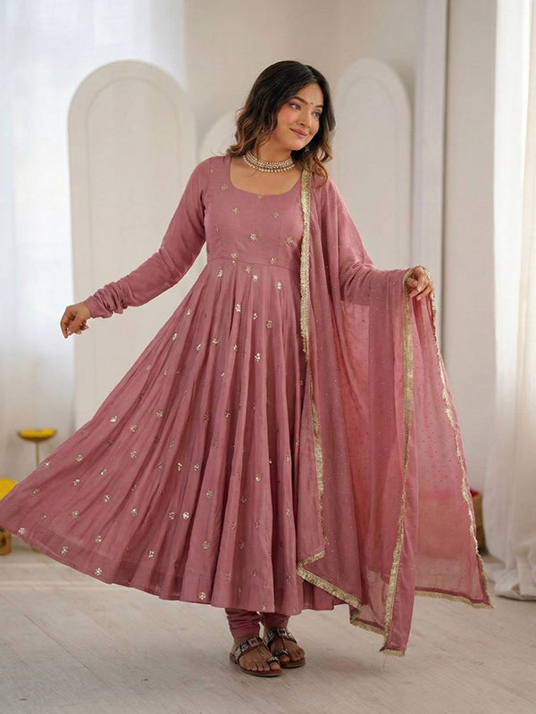 Dusty Rose Embroidery Work Roman Silk Anarkali Gown With Dupatta