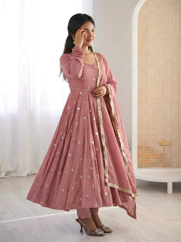 Dusty Rose Embroidery Work Roman Silk Anarkali Gown With Dupatta