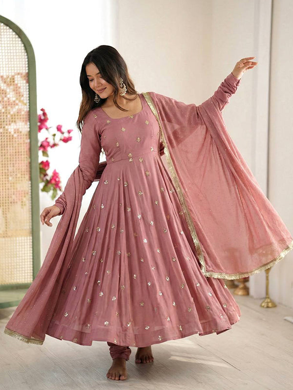 Dusty Rose Embroidery Work Roman Silk Anarkali Gown With Dupatta