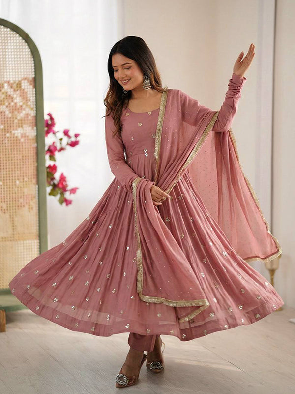 Dusty Rose Embroidery Work Roman Silk Anarkali Gown With Dupatta