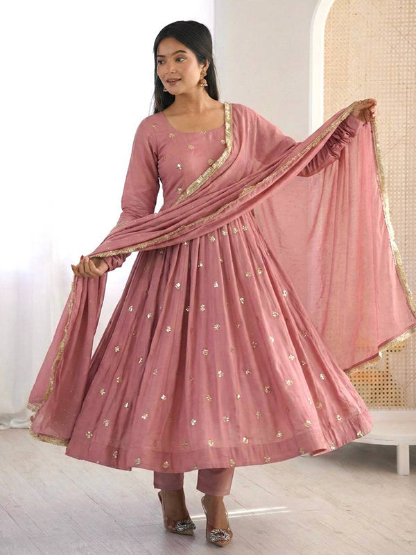 Dusty Rose Embroidery Work Roman Silk Anarkali Gown With Dupatta