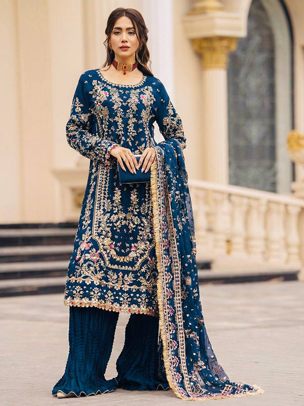 Blue Embroidery Sequence Work Faux Georgette Top Palazzo With Dupatta