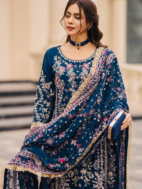 Blue Embroidery Sequence Work Faux Georgette Top Palazzo With Dupatta