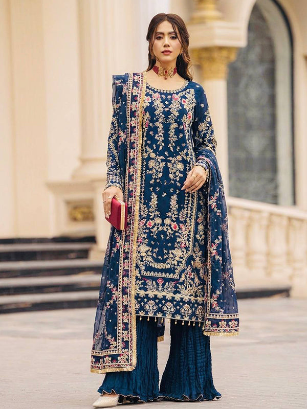 Blue Embroidery Sequence Work Faux Georgette Top Palazzo With Dupatta