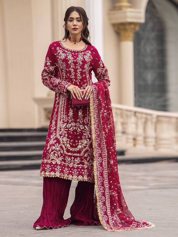 Hot Pink Embroidery Sequence Work Faux Georgette Top Palazzo With Dupatta