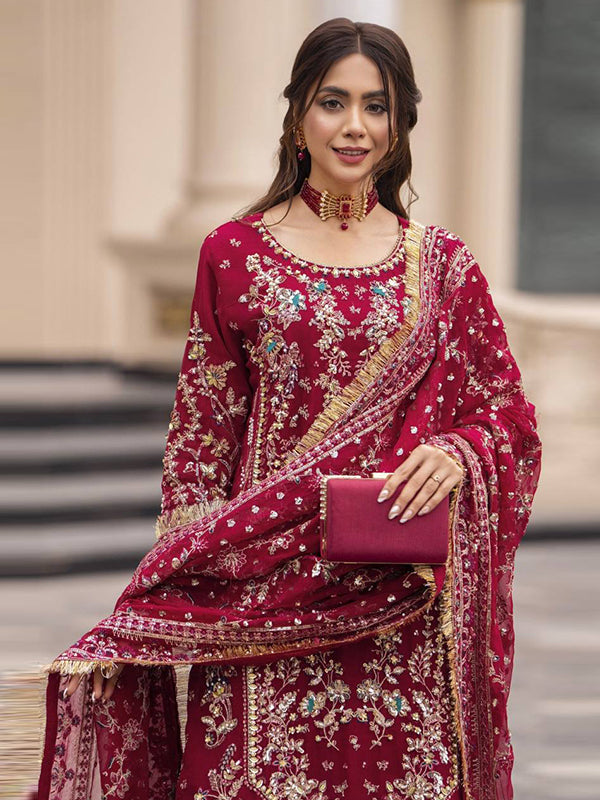 Hot Pink Embroidery Sequence Work Faux Georgette Top Palazzo With Dupatta