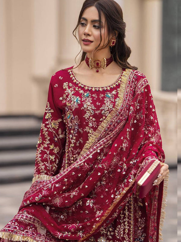 Hot Pink Embroidery Sequence Work Faux Georgette Top Palazzo With Dupatta