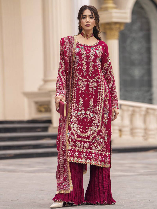 Hot Pink Embroidery Sequence Work Faux Georgette Top Palazzo With Dupatta