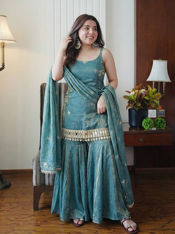 Sky Blue Embroidery Mirror Work Fendy Silk Sharara Set With Dupatta