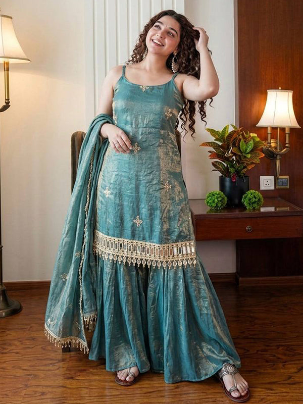 Sky Blue Embroidery Mirror Work Fendy Silk Sharara Set With Dupatta