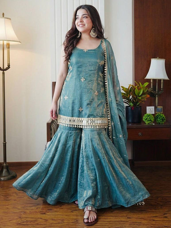 Sky Blue Embroidery Mirror Work Fendy Silk Sharara Set With Dupatta