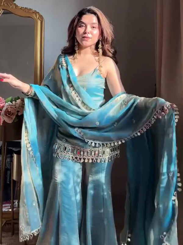 Sky Blue Embroidery Mirror Work Fendy Silk Sharara Set With Dupatta