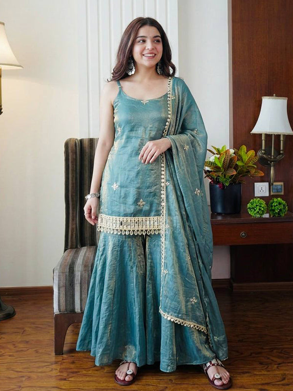 Sky Blue Mirror Work Fendy Silk Top Palazzo With Dupatta Mother Daughter Combo