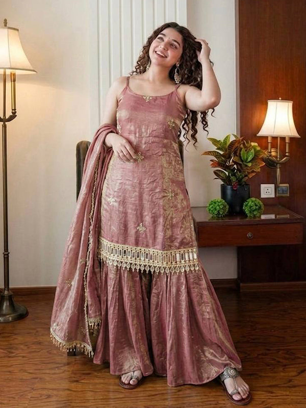 Dusty Peach Embroidery Mirror Work Fendy Silk Sharara Set With Dupatta