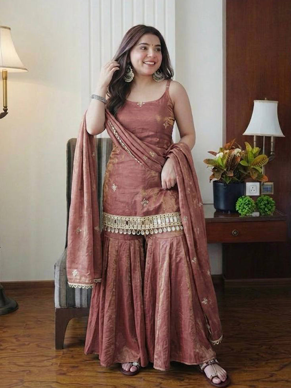 Dusty Peach Embroidery Mirror Work Fendy Silk Sharara Set With Dupatta